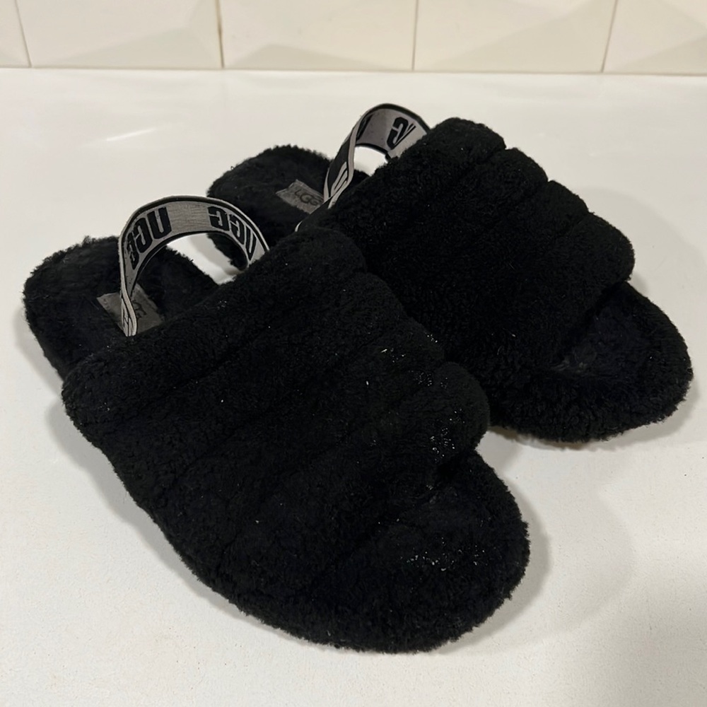 UGG Black Shearling Slide Slippers with Branded Elastic Heel